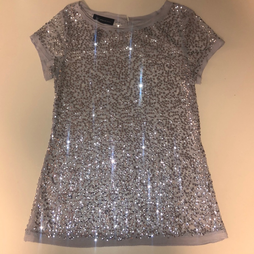 INC Silver and Grey Sequined Mesh Top